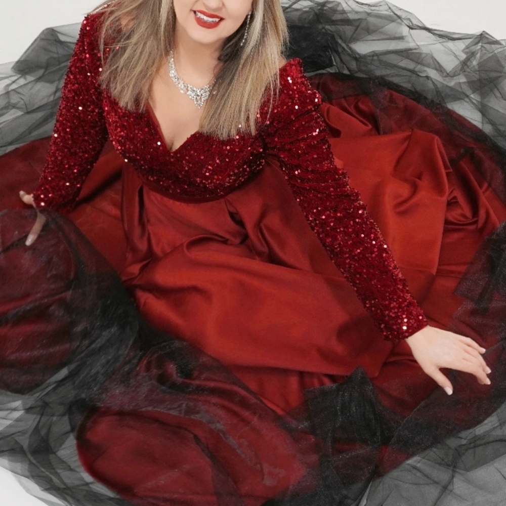 Long leave red sparkly gown